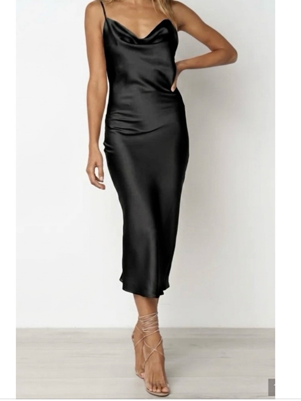 Petal & Pup Persia Satin Cowl Neck Midi Sleath Slip Dress Black Size 14